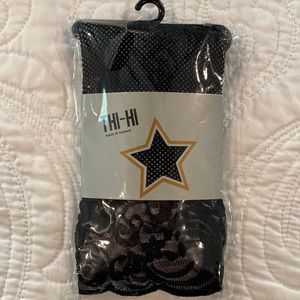 Hot Topics lace top, fishnet thigh high, black